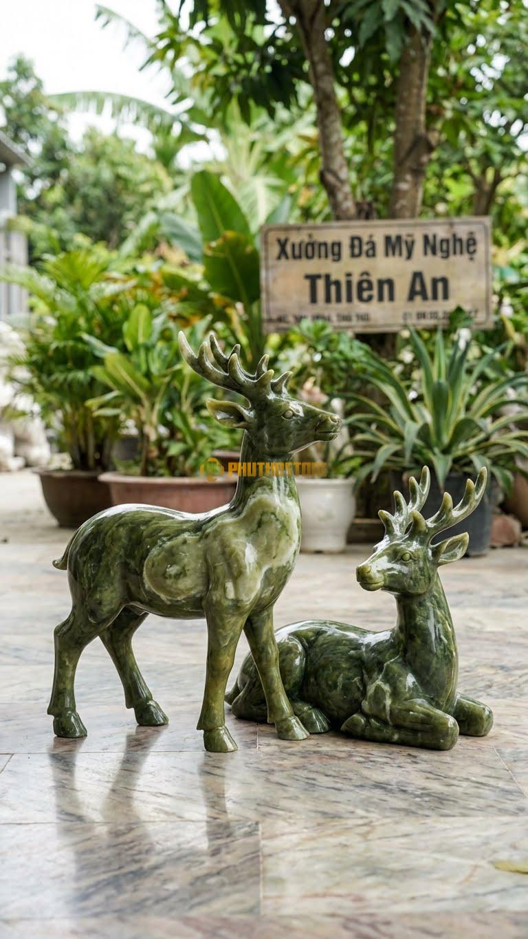 Cặp Hươu Tài Lộc Bằng Đá Serpentine, Kiểu Dáng Một Đứng, Một Nằm. Kích Thước Cao 45cm/Con.