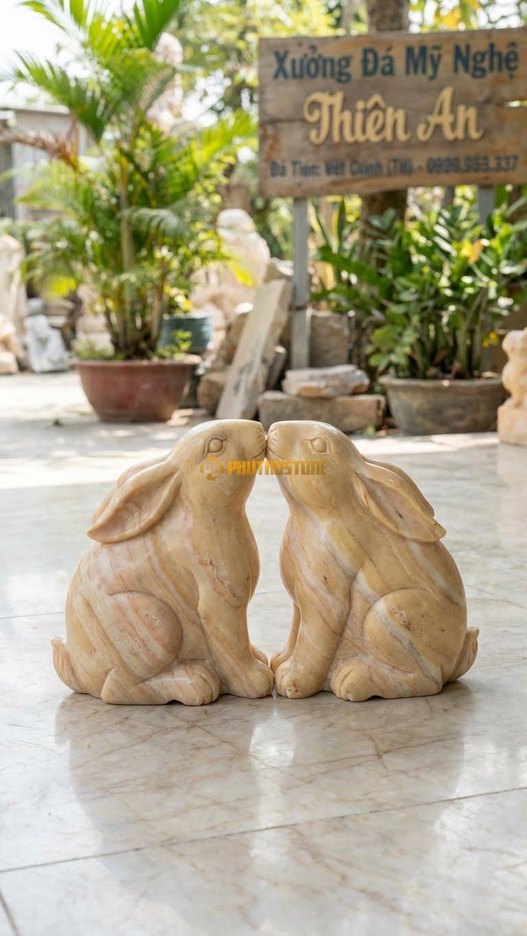 Cặp Thỏ Tình Nhân Bằng Đá Vàng Nghệ An, Kiểu Dáng Hai Con Tựa Đầu Vào Nhau. Kích Thước Dài 35cm.