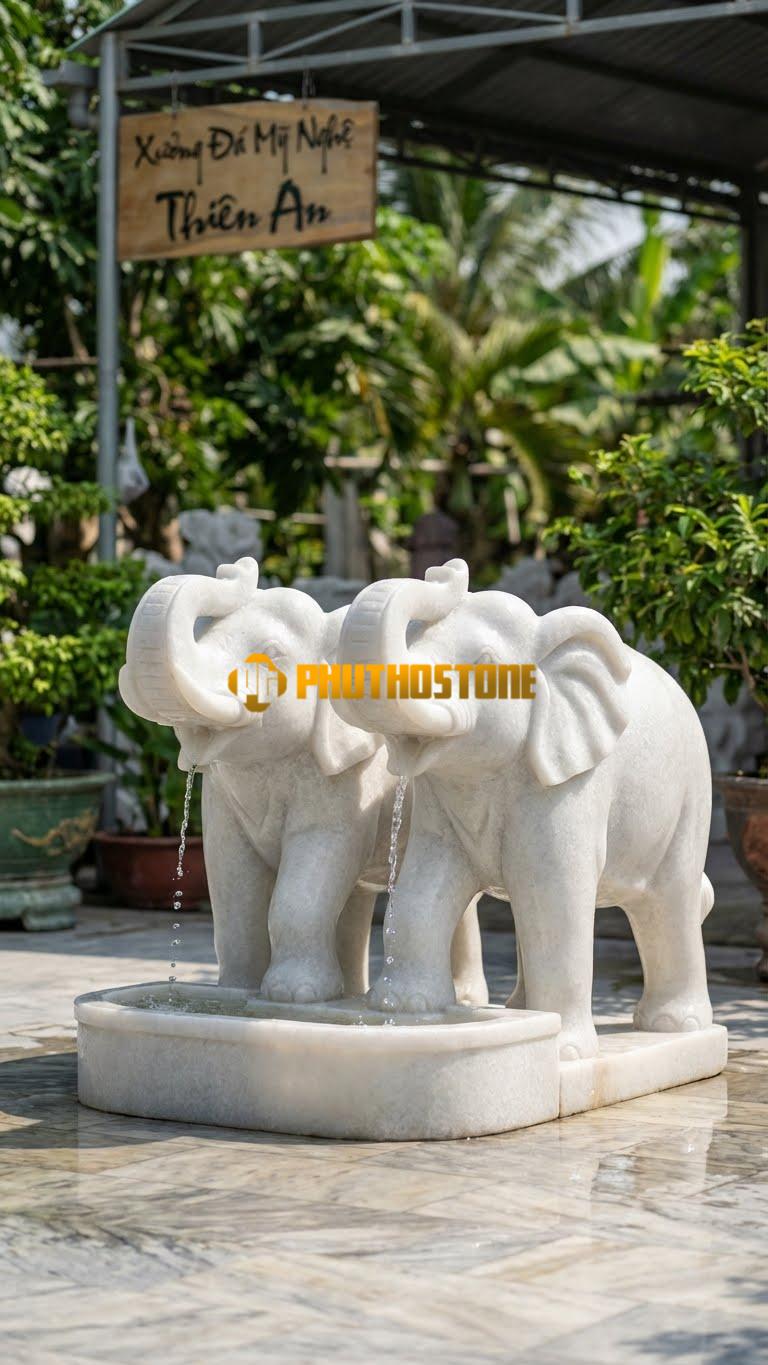 Cặp Voi Đá Chầu Phun Nước D1.6M x C1.4M. Chất Liệu Đá Trắng Muối