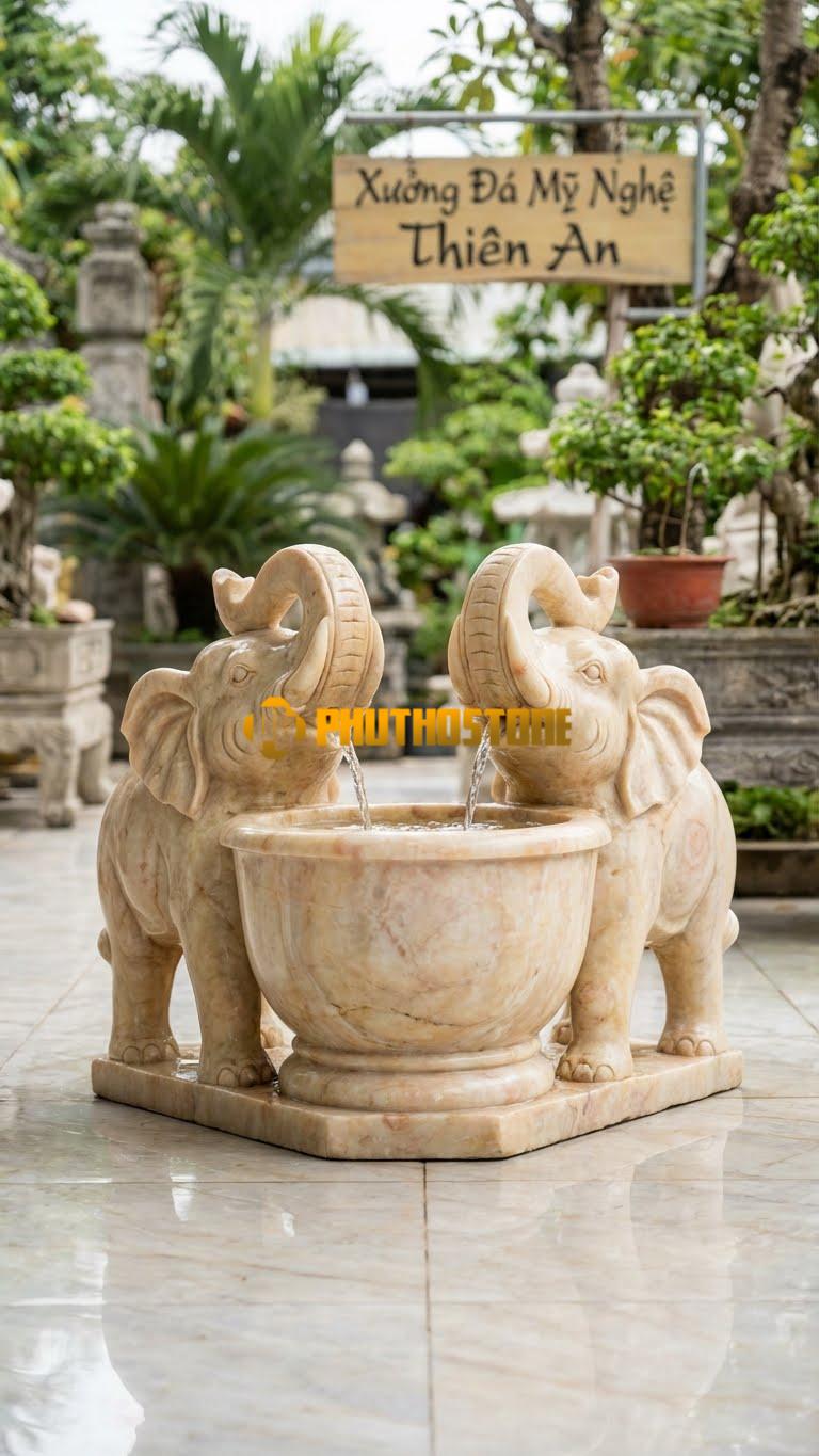 Cặp Voi Đá Chầu Phun Nước D1.6M x C1.4M. Chất Liệu Đá Vàng Nghệ An