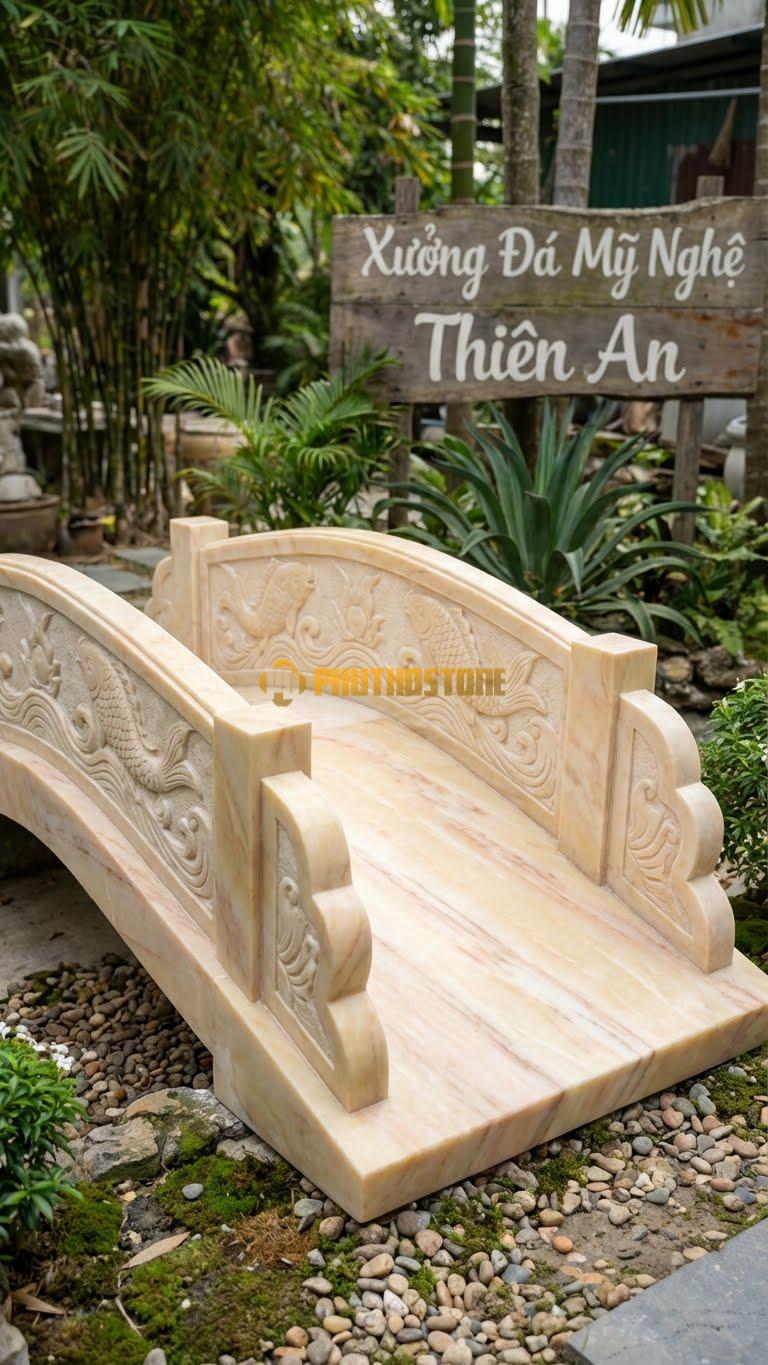 Cầu Sân Vườn Đá Vàng Nghệ An Dáng Cầu Cá Chép Hóa Rồng , Kích thước 200cm x 100cm x 80cm Hai Bên Thành Cầu Là Phù Điêu Cá Chép Giữa Các Lớp Sóng Nước.
