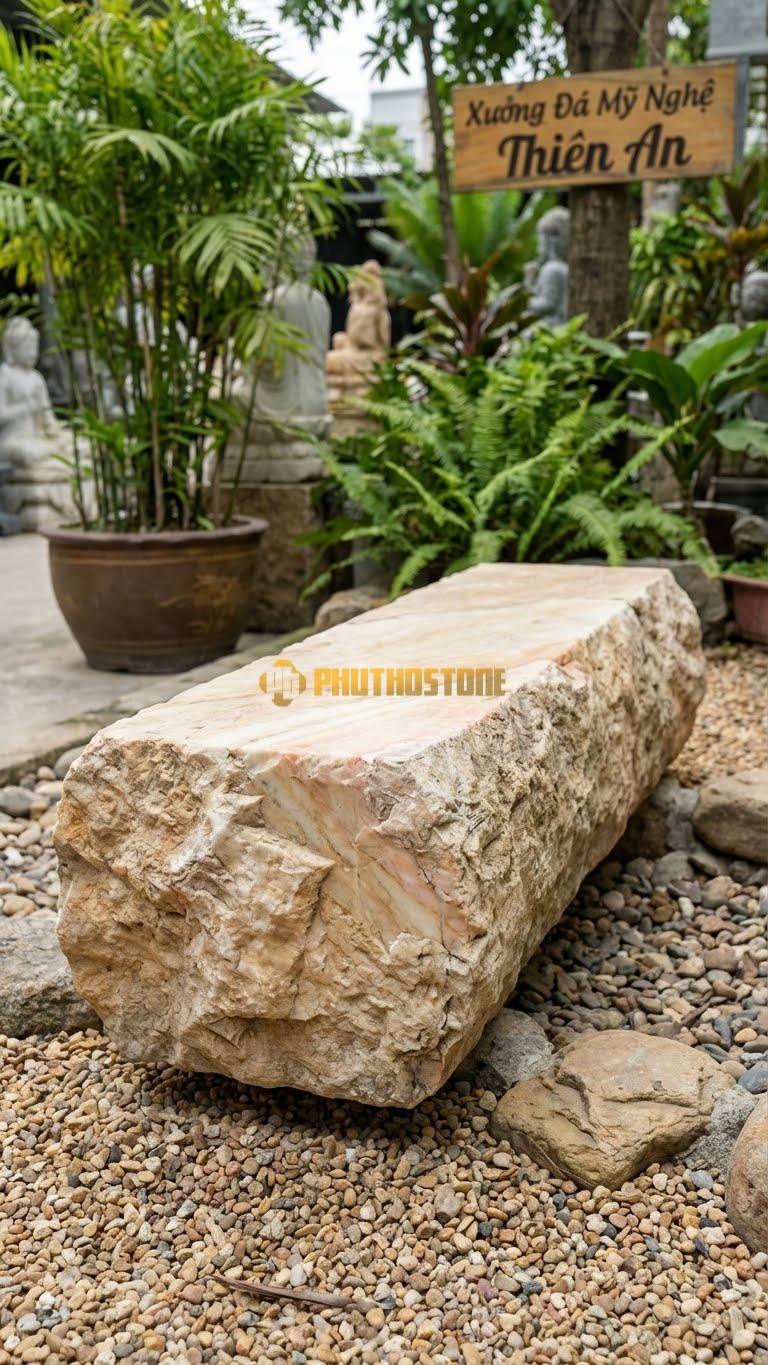 Cầu Sân Vườn Đá Vàng Nghệ An Dáng Cầu Độc Mộc Đá (Wabi) , Kích thước 140cm x 45cm x 25cm Giữ Nguyên Bề Mặt Xù Xì, Chỉ Đục Phẳng Một Phần Diện Tích Để Bước Chân.