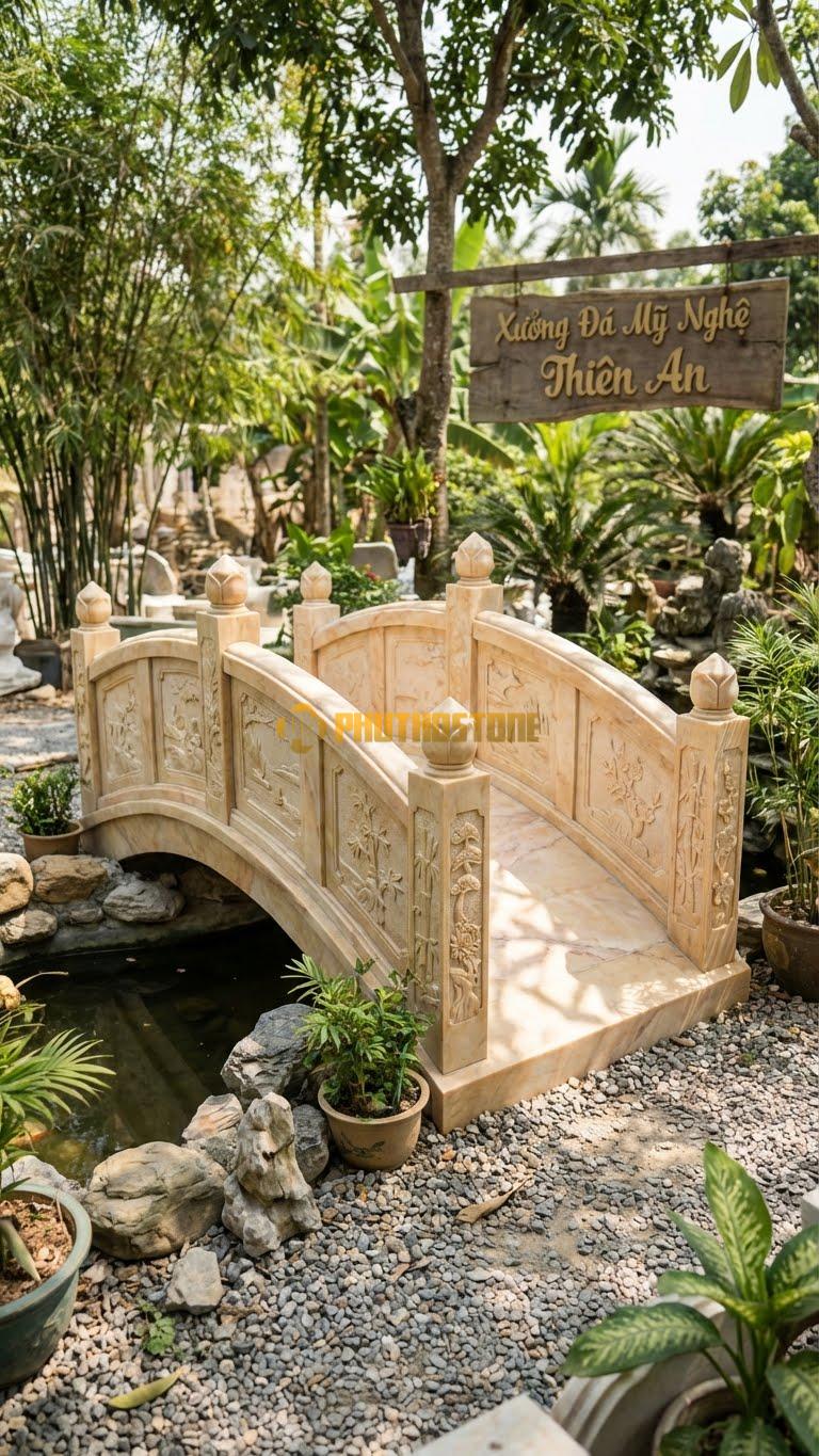 Cầu Sân Vườn Đá Vàng Nghệ An Dáng Cầu Tứ Quý , Kích thước 350cm x 130cm x 100cm Bốn Góc Trụ Chạm Tùng-Cúc-Trúc-Mai, Thân Cầu Chia Ô Cảnh Sắc.