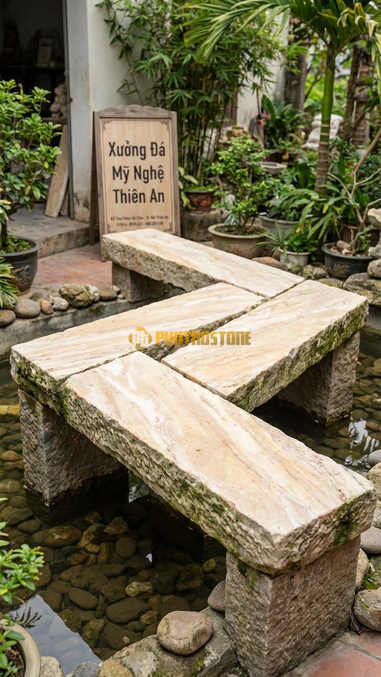 Cầu Sân Vườn Đá Vàng Nghệ An Dáng Cầu Zíc-Zắc (Yatsuhashi) , Kích thước 300cm x 60cm (3 Nhịp) Các Nhịp Đá Để Thô, Cạnh Đá Đục Nhám Tạo Vẻ Cổ Kính, Rêu Phong.