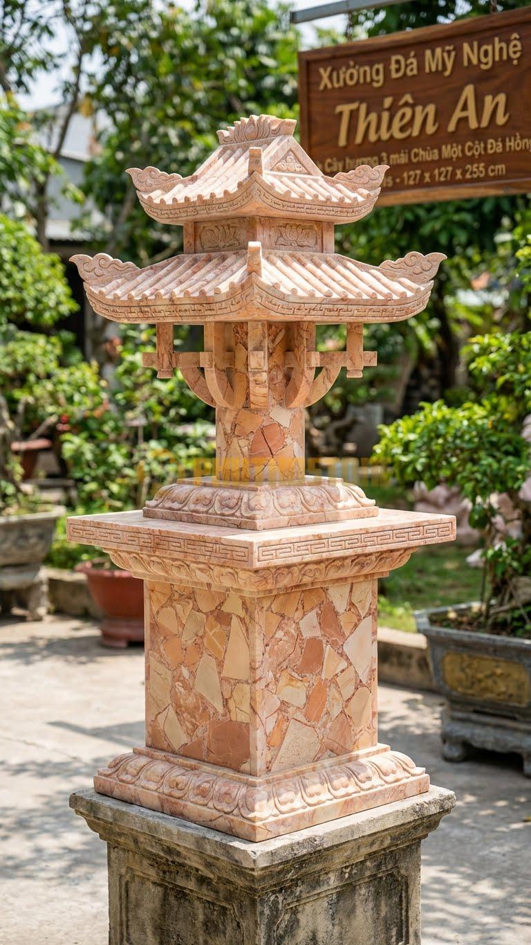 Cây Hương 3 Mái Chùa Một Cột Đá Hồng Mô Phỏng Kiến Trúc Mái Chùa Cổ 127 X 127 X 255 Cm