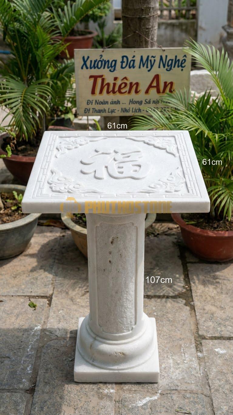 Cây Hương Vuông Chữ Phúc Đá Trắng Muối Chữ Phúc Hán Tự Chạm Nổi Giữa Lòng 61 X 61 X 107 Cm