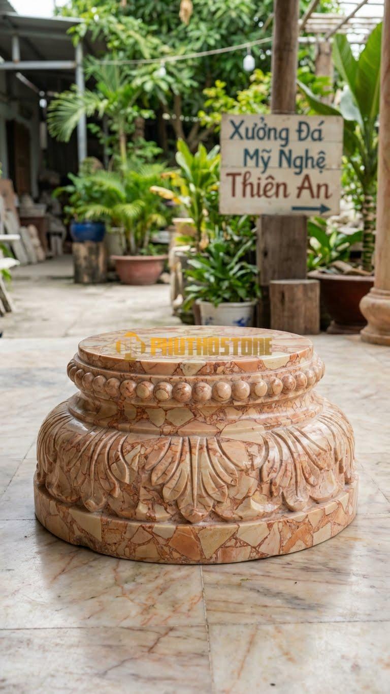 Chân Tảng Đá Hồng Tảng Bệt Cườm Kết Hợp Sòi D32: Cổ Đi Hạt Cườm, Chân Đế Đi Lá Sòi. (Gương 32Cm – Đế 50Cm – Cao 16Cm).