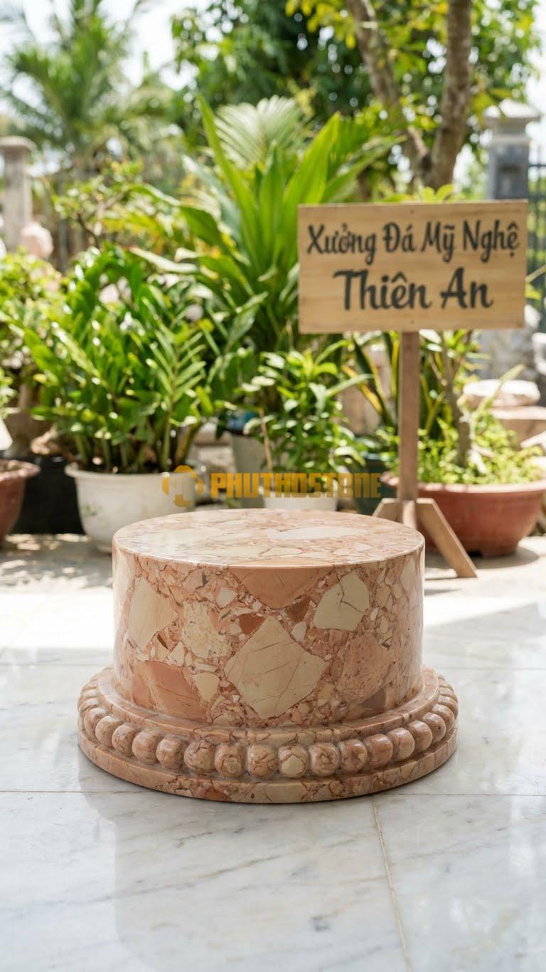 Chân Tảng Đá Hồng Tảng Bệt Cườm Mini D18: Mẫu Nhỏ Gọn Cho Cột Hiên Bé. (Gương 18Cm – Đế 30Cm – Cao 12Cm).