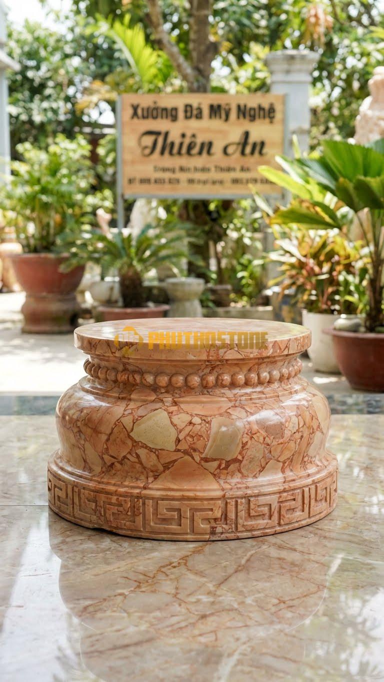 Chân Tảng Đá Hồng Tảng Bệt Cườm Phối Triện D35: Cổ Hạt Cườm, Viền Đế Chạy Hoa Văn Triện T. (Gương 35Cm – Đế 52Cm – Cao 17Cm).