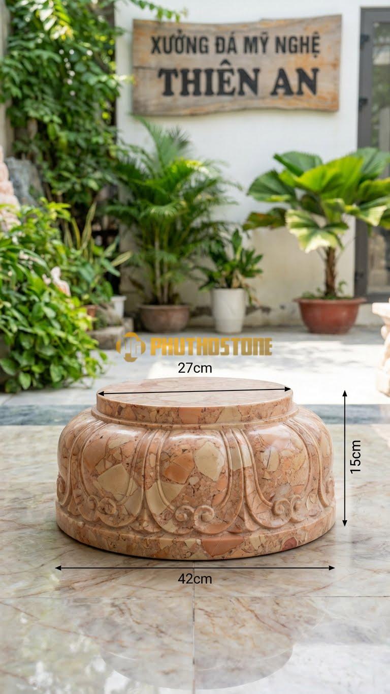 Chân Tảng Đá Hồng Tảng Bệt Sen Hóa D27: Cánh Sen Cách Điệu Thành Hình Vân Mây Nhẹ. (Gương 27Cm – Đế 42Cm – Cao 15Cm).