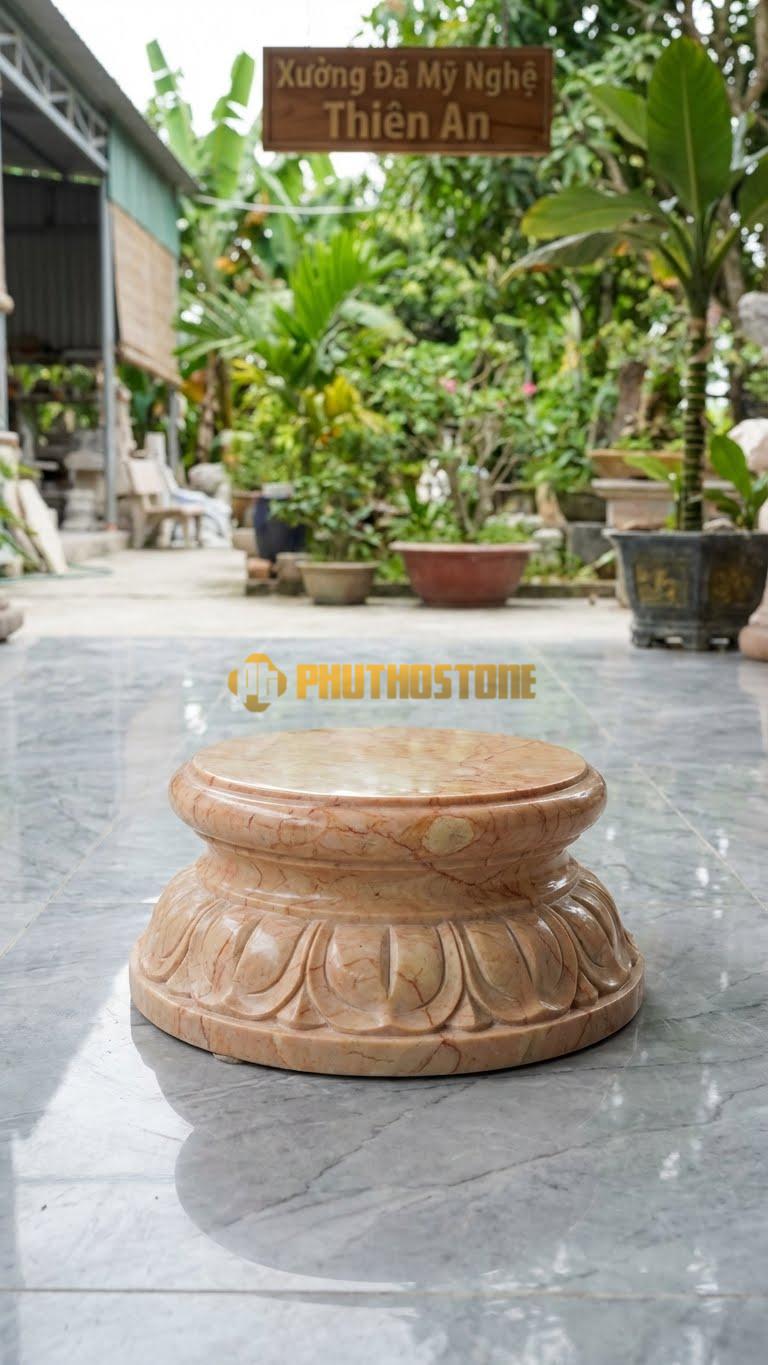Chân Tảng Đá Hồng Tảng Bệt Sòi Cách Điệu D20: Lá Sòi Đơn Giản Hóa, Nét Đục Nông. (Gương 20Cm – Đế 32Cm – Cao 12Cm).