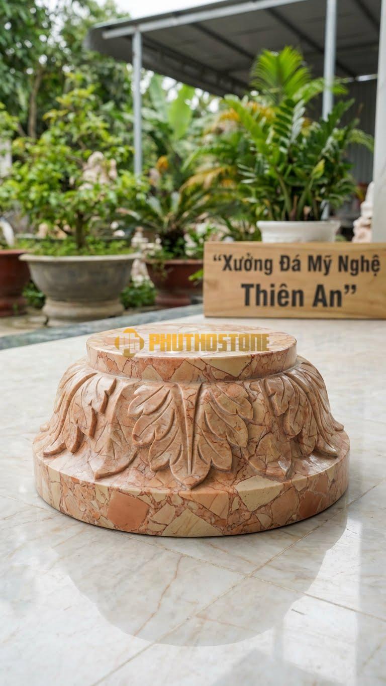 Chân Tảng Đá Hồng Tảng Bệt Sòi Đục Kênh Bong D35: Họa Tiết Lá Được Đục Luồn Sâu, Tách Biệt Hẳn Với Nền Đá. (Gương 35Cm – Đế 55Cm – Cao 18Cm).