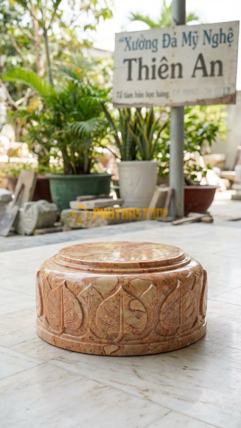 Chân Tảng Đá Hồng Tảng Bệt Sòi Lá Đề D22: Họa Tiết Lá Sòi Cách Điệu Giống Hình Lá Bồ Đề. (Gương 22Cm – Đế 36Cm – Cao 14Cm).