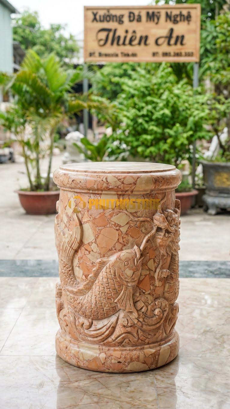 Chân Tảng Đá Hồng Tảng Bồng Cá Chép Hóa Rồng D29: Cảnh Cá Chép Vượt Vũ Môn Hóa Rồng. (Gương 29Cm – Cao 45Cm).