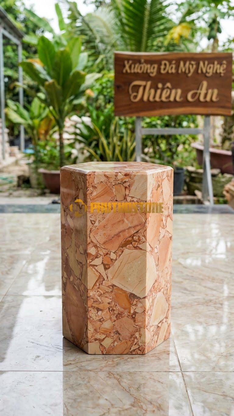 Chân Tảng Đá Hồng Tảng Bồng Lục Giác Mài Bóng D24: Đánh Bóng Kính Toàn Bộ Các Mặt. (Gương 24Cm – Cao 38Cm).