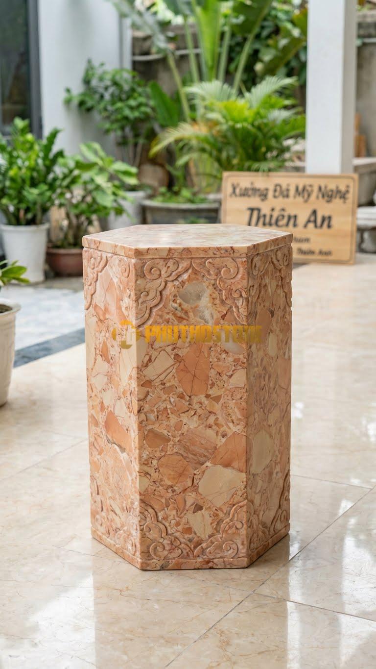 Chân Tảng Đá Hồng Tảng Bồng Lục Giác Triện Viền D22: Các Cạnh Được Soi Chỉ Viền Triện. (Gương 22Cm – Cao 38Cm).