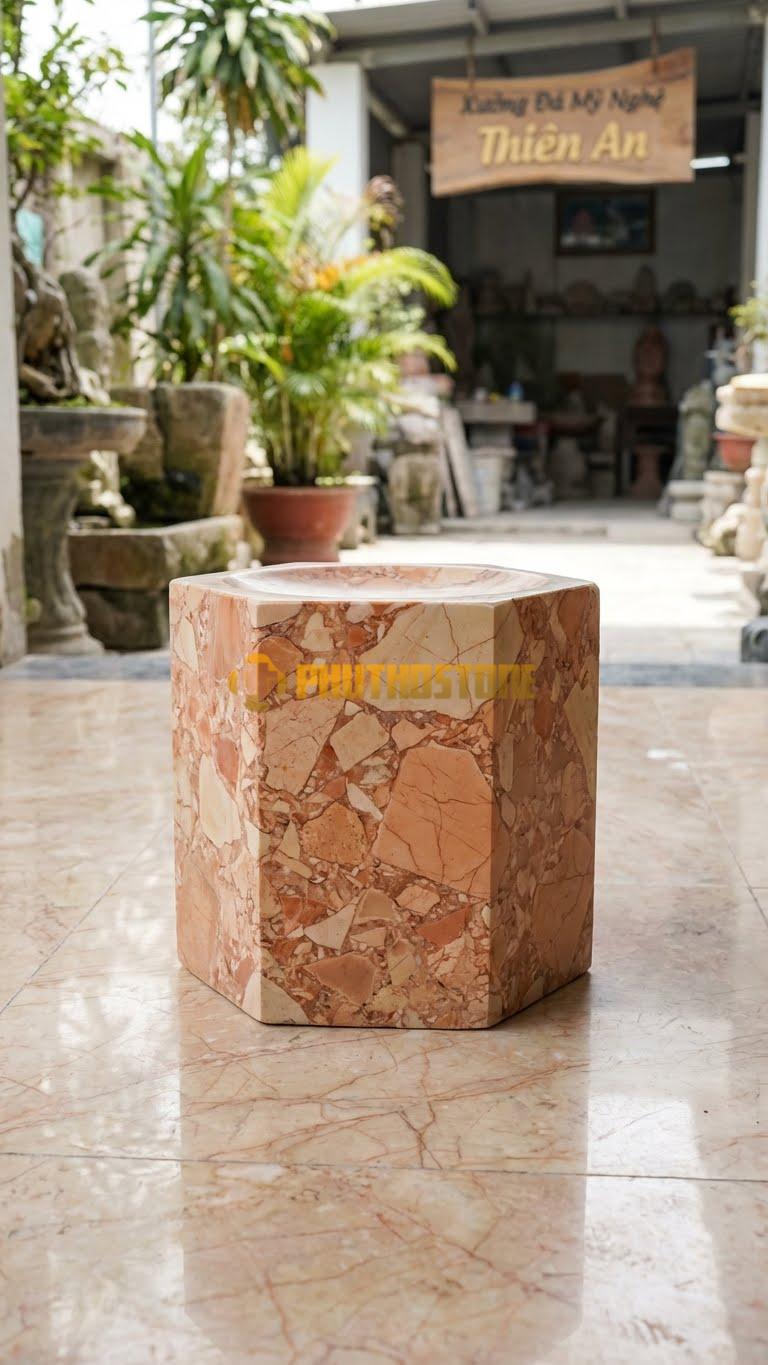 Chân Tảng Đá Hồng Tảng Bồng Lục Giác Trơn D20: 6 Mặt Cắt Phẳng, Không Hoa Văn. (Gương 20Cm – Cao 35Cm).