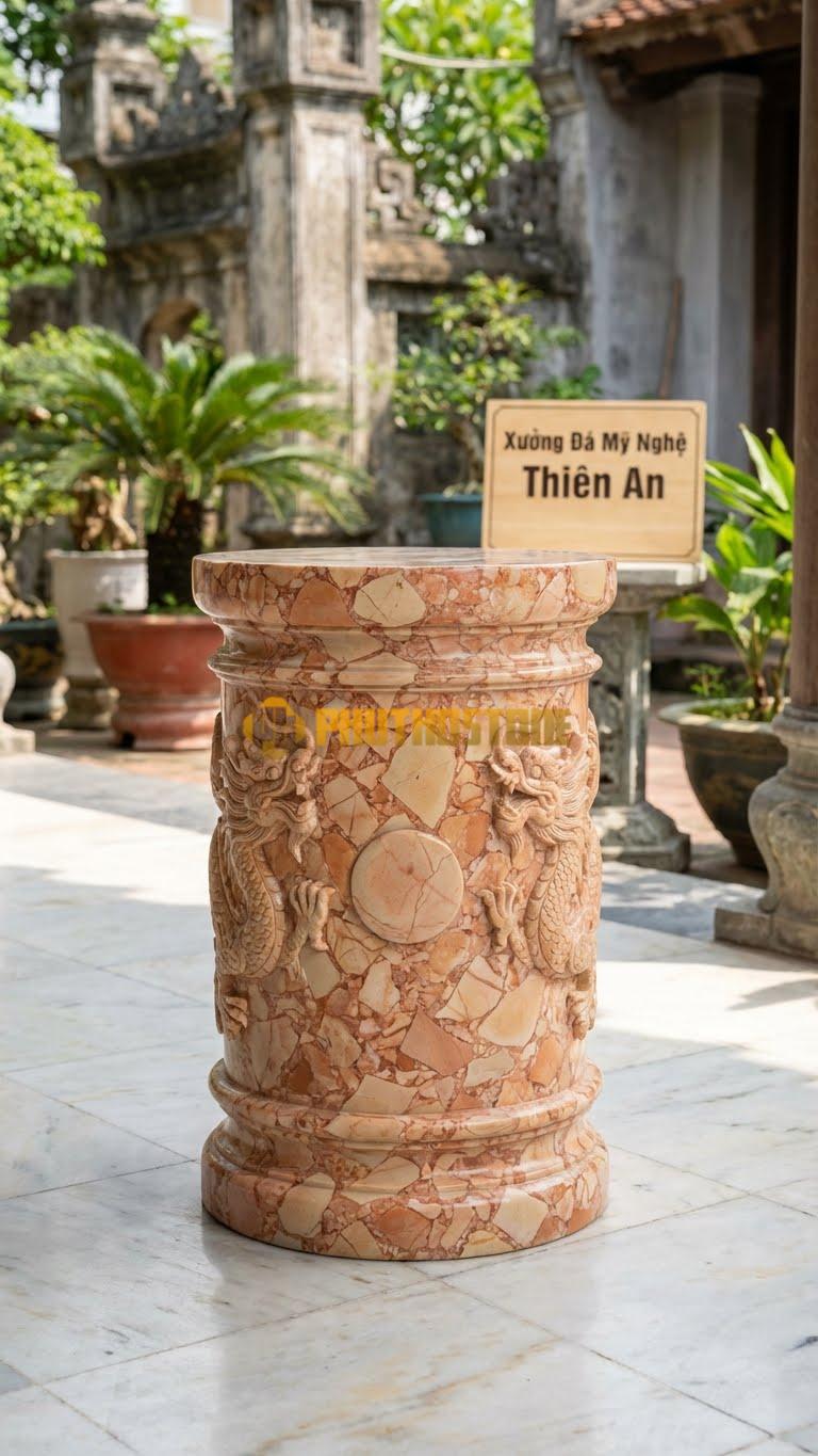 Chân Tảng Đá Hồng Tảng Bồng Lưỡng Long D35: Hai Con Rồng Chầu Mặt Nguyệt. (Gương 35Cm – Cao 55Cm).