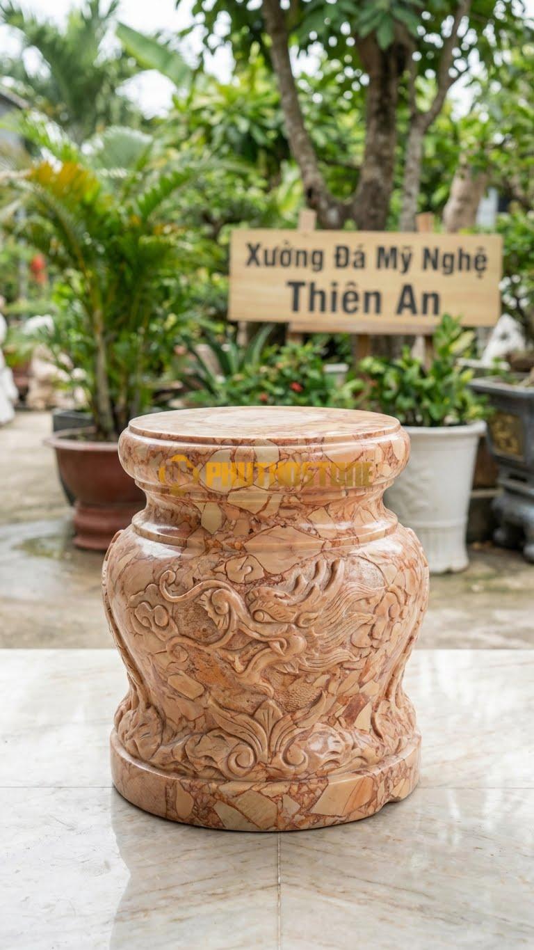 Chân Tảng Đá Hồng Tảng Bồng Rồng Hóa D25: Họa Tiết Mây/Cây Hóa Hình Đầu Rồng. (Gương 25Cm – Cao 40Cm).