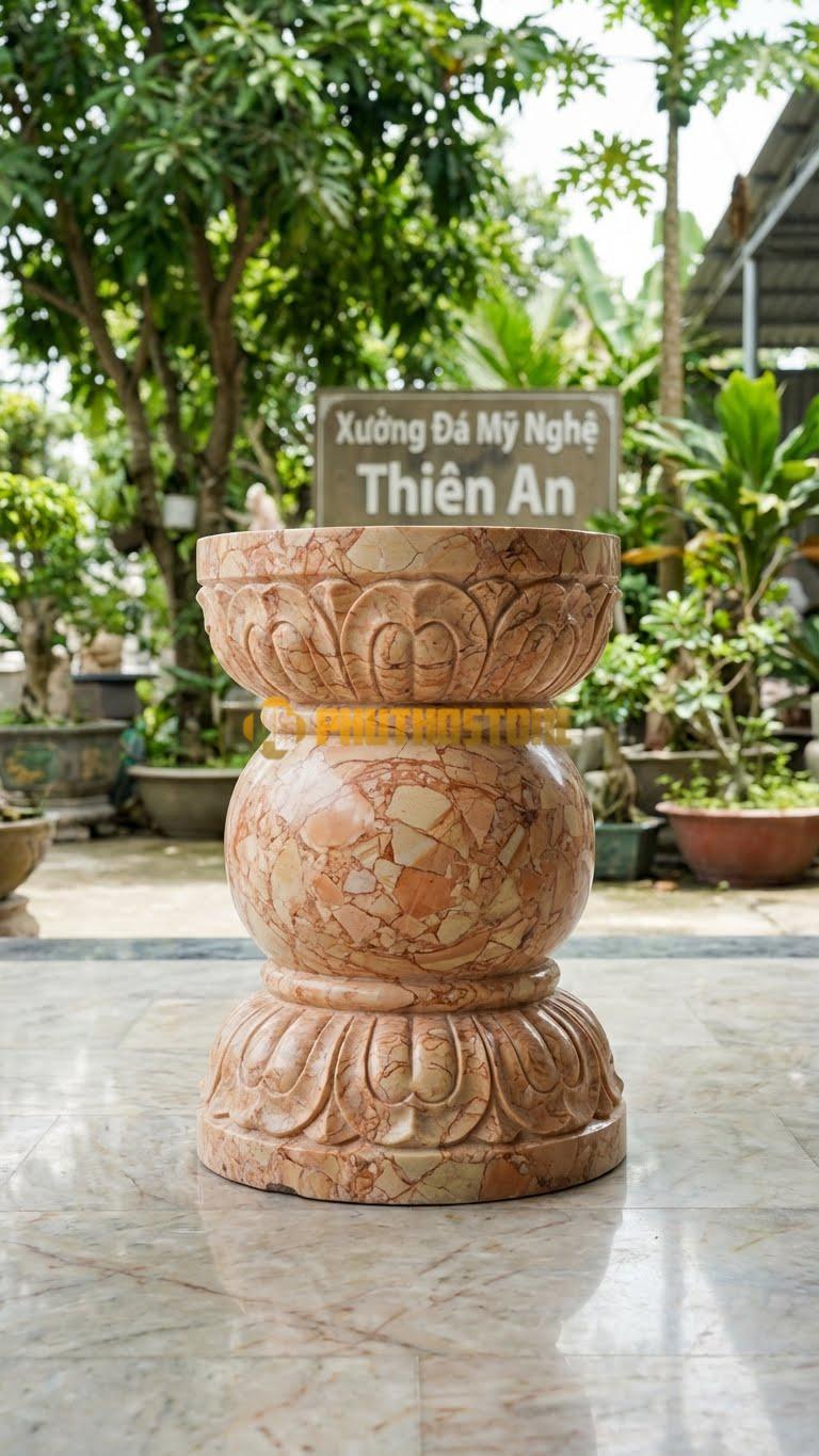 Chân Tảng Đá Hồng Tảng Bồng Sen Hai Đầu D32: Chạm Sen Ở Cả Bát Đỡ Trên Và Chân Đế Dưới, Bụng Trơn. (Gương 32Cm – Bụng 45Cm – Cao 50Cm).