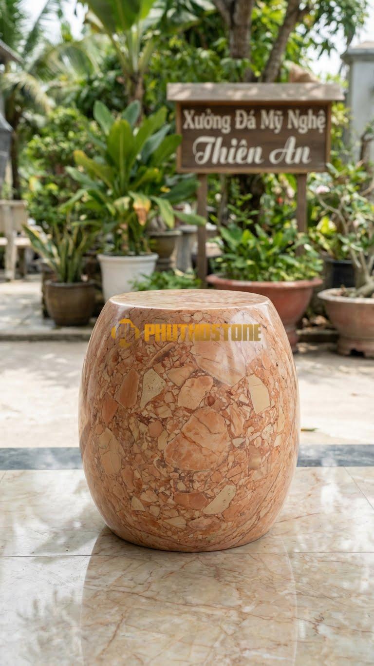 Chân Tảng Đá Hồng Tảng Bồng Trống Cơm Trơn D25: Dáng Bầu Bĩnh, Mài Nhẵn Toàn Bộ. (Gương 25Cm – Bụng 35Cm – Cao 40Cm).