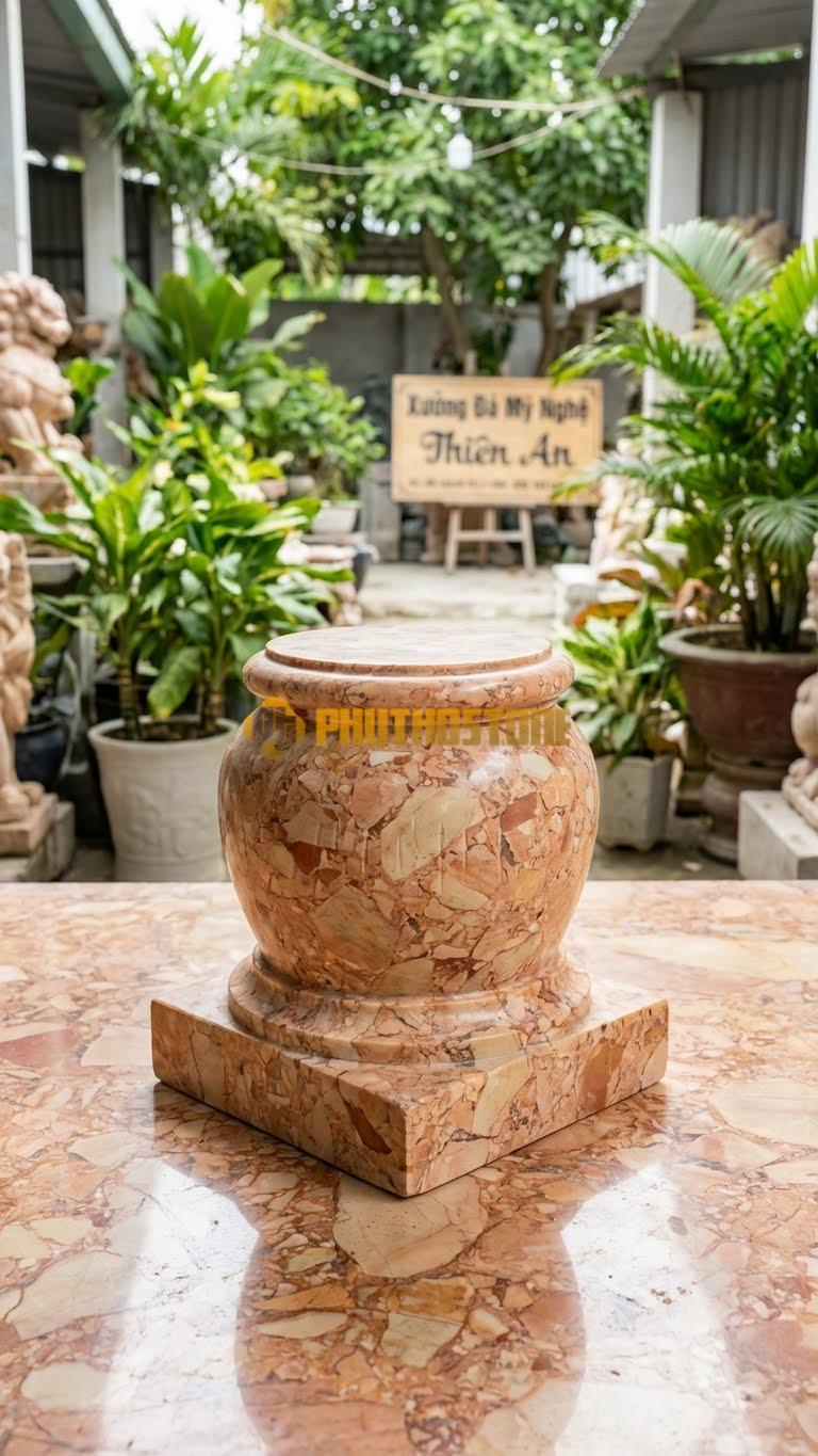 Chân Tảng Đá Hồng Tảng Bồng Trống Đế Vuông D25: Thân Tròn Dáng Trống, Đế Dưới Cùng Hình Vuông. (Gương 25Cm – Đế Vuông 40Cm – Cao 40Cm).