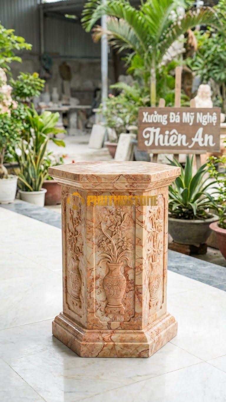 Chân Tảng Đá Hồng Tảng Bồng Tứ Bình D35: Chạm 4 Lọ Hoa (Bình) Cắm Hoa 4 Mùa. (Gương 35Cm – Cao 55Cm).