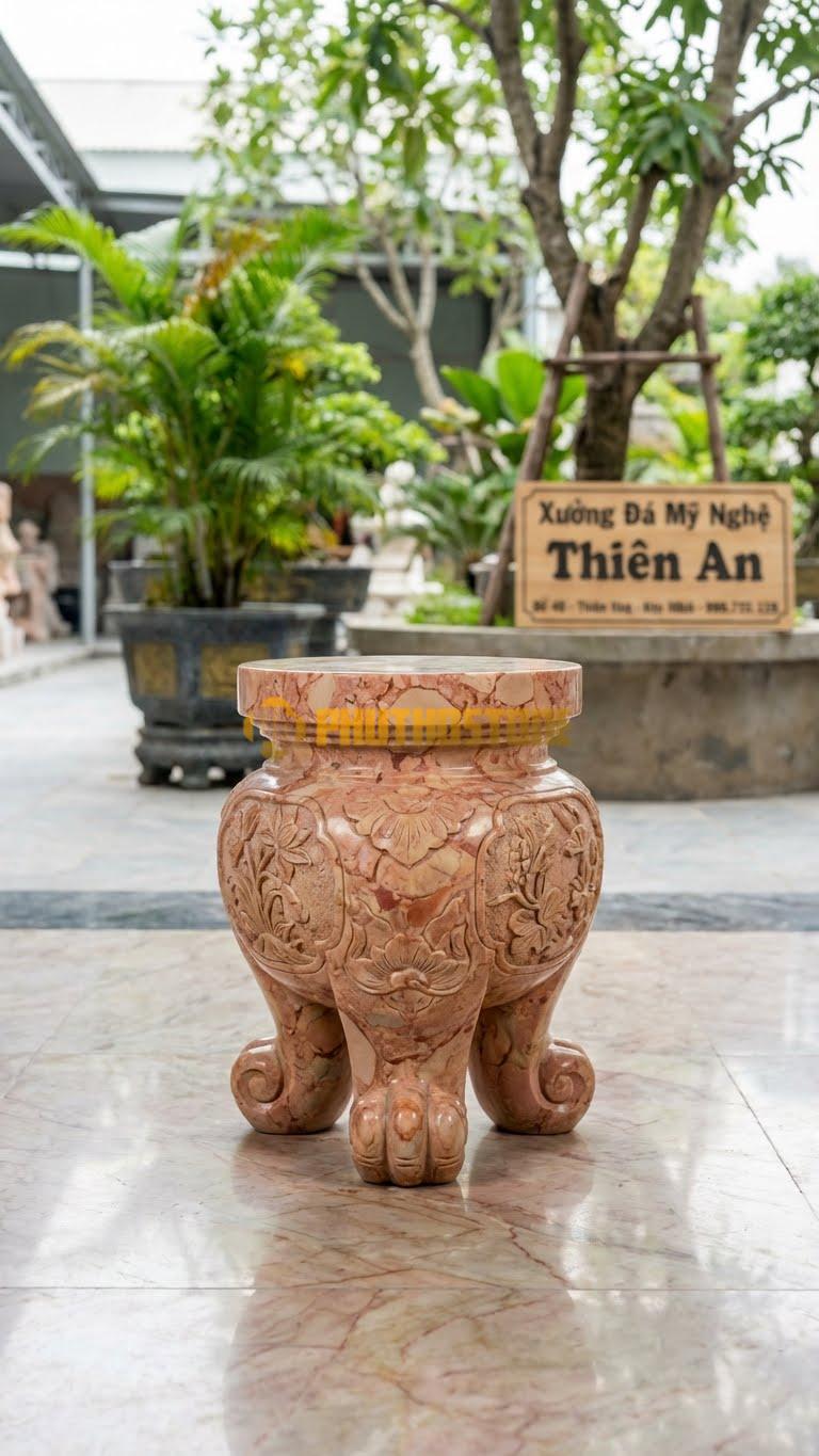 Chân Tảng Đá Hồng Tảng Bồng Tứ Quý Chân Quỳ D26: Chân Đế Kiểu Chân Bàn (Chân Quỳ), Thân Chạm Cây. (Gương 26Cm – Cao 38Cm).