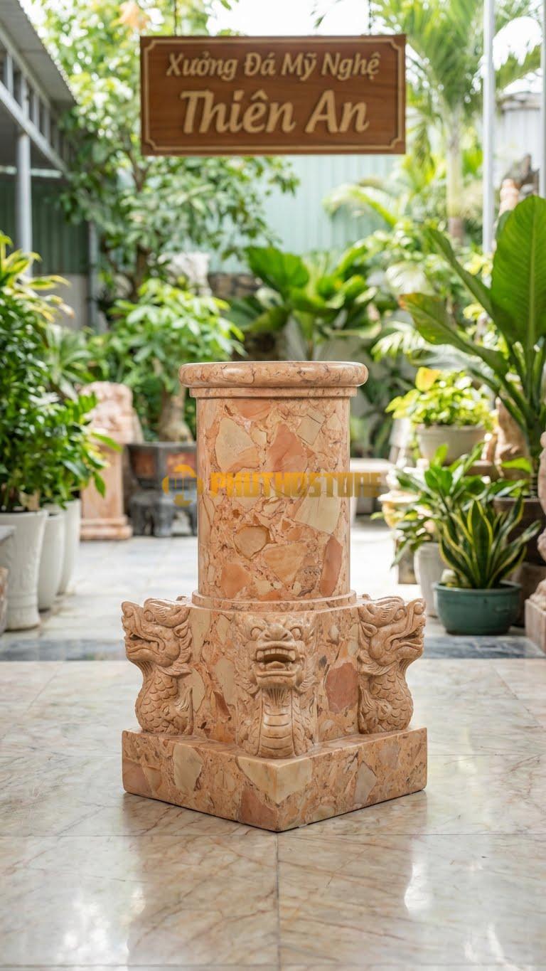 Chân Tảng Đá Hồng Tảng Bồng Vuông – Tròn Rồng Góc D40: Đế Vuông Lớn, 4 Góc Đế Chạm Đầu Rồng Chầu Lên Cột Tròn. (Cao 60Cm).