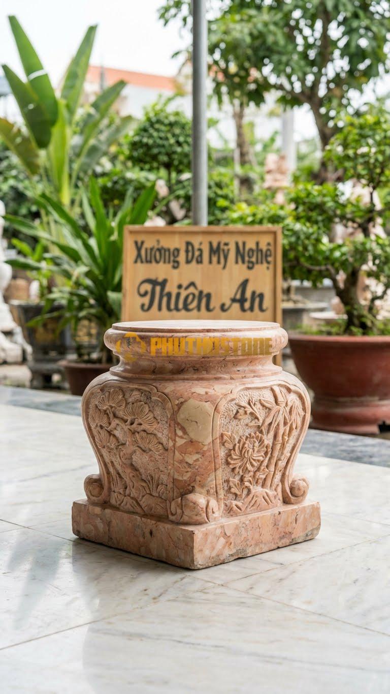 Chân Tảng Đá Hồng Tảng Bồng Vuông – Tròn Tứ Quý D30: Đế Dưới Vuông, Thân Chạm Tứ Quý, Bát Đỡ Trên Tròn D30. (Cao 45Cm).
