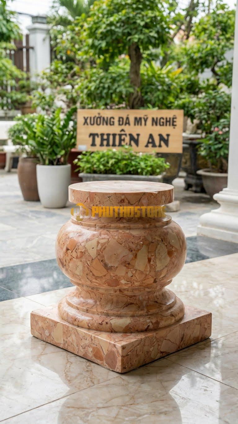 Chân Tảng Đá Hồng Tảng Bồng Vuông – Tròn Vai Bò D28: Đế Vuông, Phần Vai Bo Tròn Lớn (Vai Bò) Đỡ Cột D28. (Cao 42Cm).