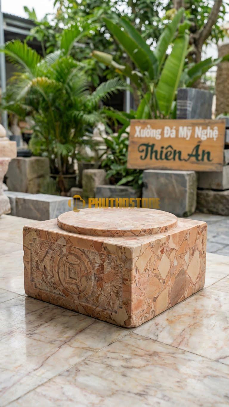 Chân Tảng Đá Hồng Tảng Vuông Bệt Chạm Đồng Tiền 28X28: Mặt Đứng Chạm Hình Đồng Tiền Cổ. (Mặt 28X28Cm – Cao 15Cm).