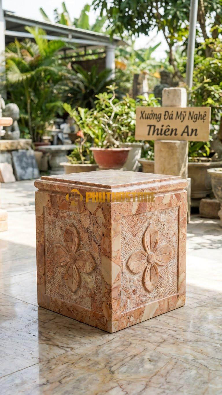 Chân Tảng Đá Hồng Tảng Vuông Bồng Hoa Chanh 28X28: Chạm Hoa Chanh 4 Cánh (Dấu Nhân) Ở Thân. (Mặt 28X28Cm – Cao 42Cm).