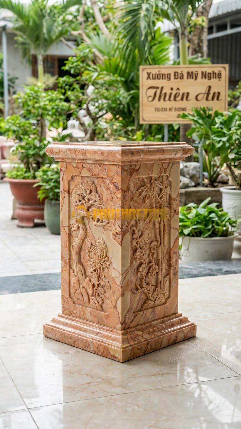Chân Tảng Đá Hồng Tảng Vuông Bồng Tứ Quý 35X35: 4 Mặt Đứng Chạm Tùng – Cúc – Trúc – Mai. (Mặt 35X35Cm – Cao 50Cm).