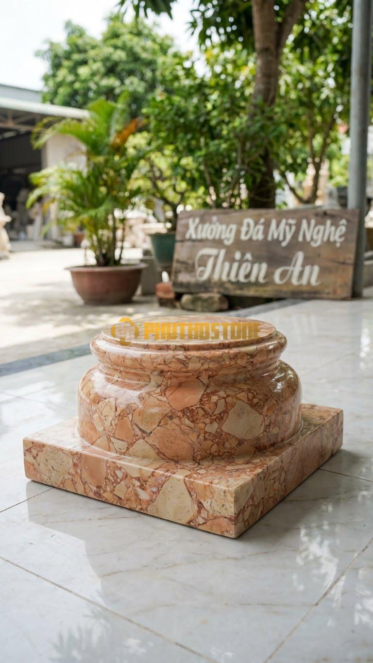 Chân Tảng Đá Hồng Tảng Vuông – Tròn Cấp Bậc D22: Đế Vuông 35Cm Phẳng, Giật 1 Cấp Tròn 22Cm Bên Trên. (Cao 14Cm).