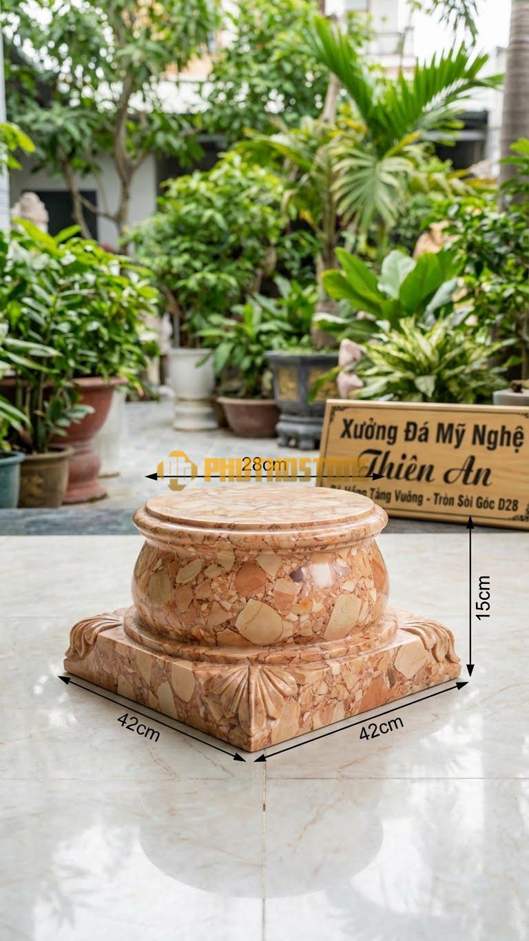 Chân Tảng Đá Hồng Tảng Vuông – Tròn Sòi Góc D28: Đế Vuông 42Cm, 4 Góc Chạm Lá Sòi Rủ. Gương Tròn 28Cm. (Cao 15Cm).