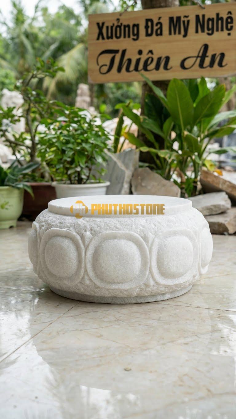 Chân Tảng Đá Trắng Muối Tảng Bệt Cườm Dẹt D24: Hạt Cườm Hình Oval Dẹt Thay Vì Hình Tròn. (Gương 24Cm – Đế 38Cm – Cao 14Cm).