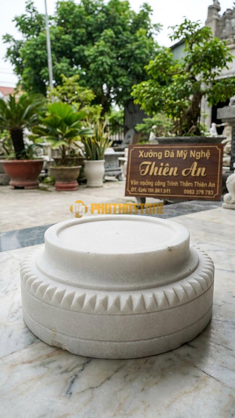 Chân Tảng Đá Trắng Muối Tảng Bệt Cườm Răng Cưa D29: Họa Tiết Răng Cưa Nhỏ Thay Thế Cho Hạt Tròn. (Gương 29Cm – Đế 44Cm – Cao 15Cm).
