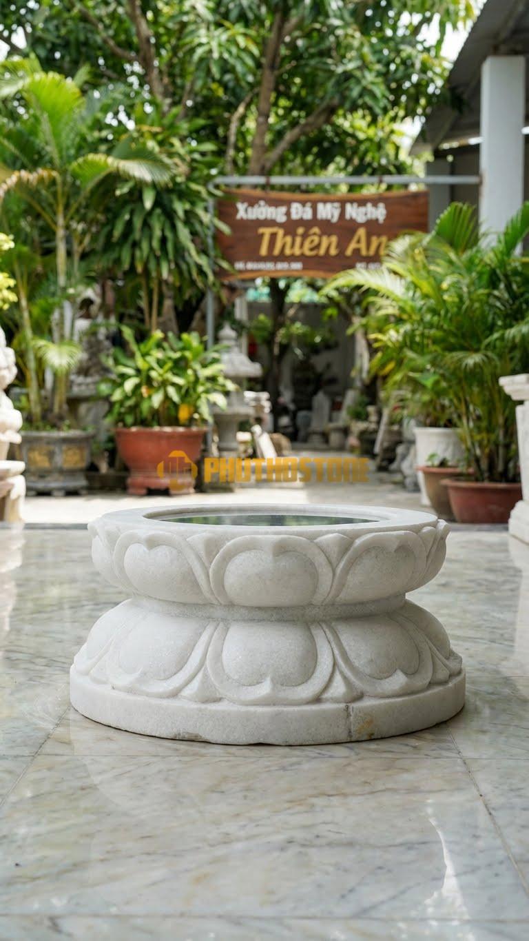 Chân Tảng Đá Trắng Muối Tảng Bệt Sen Kẹp D28: Giữa Các Cánh Sen Chính Có Thêm Cánh Phụ (Sen Kẹp) Nhỏ. (Gương 28Cm – Đế 42Cm – Cao 14Cm).