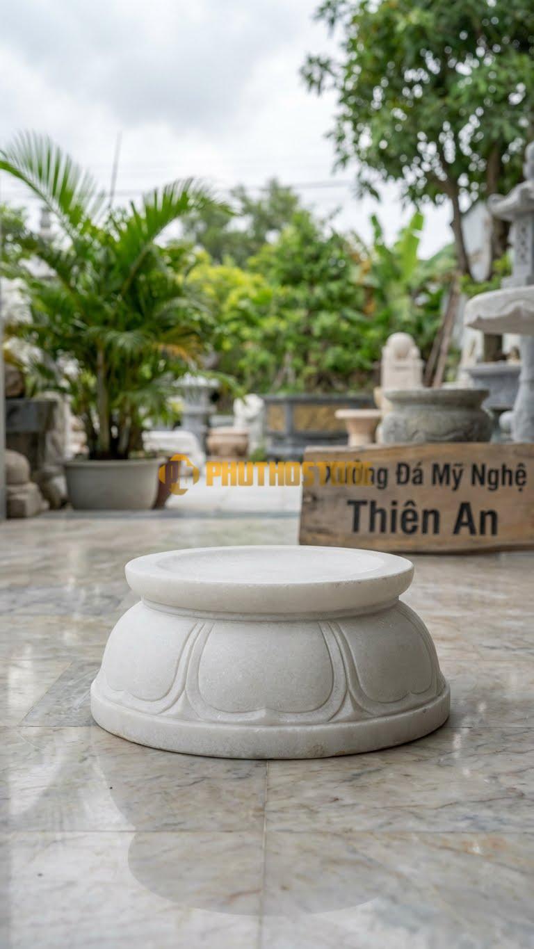 Chân Tảng Đá Trắng Muối Tảng Bệt Sen Viền Chỉ D30: Cánh Sen Được Cách Điệu Bằng Các Đường Chỉ Viền Mảnh, Không Đục Sâu. (Gương 30Cm – Đế 45Cm – Cao 15Cm).