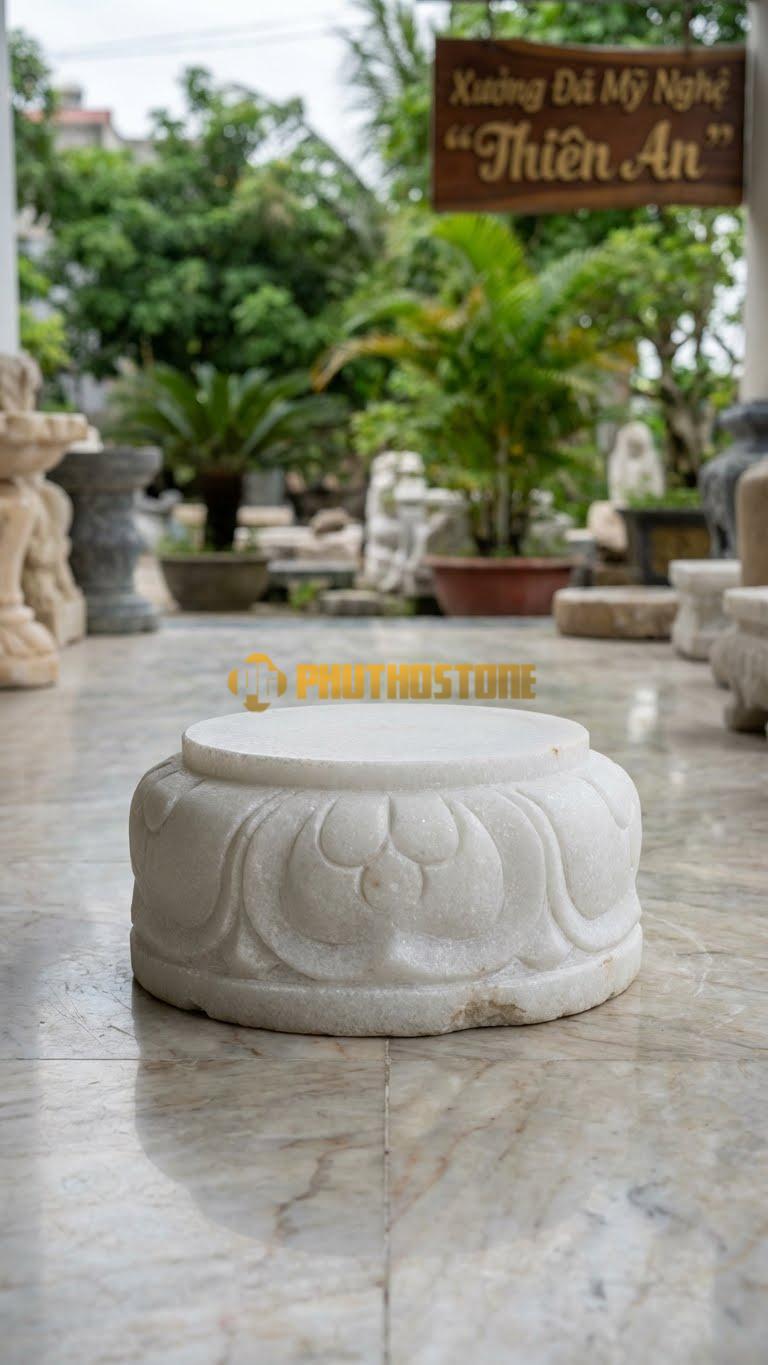Chân Tảng Đá Trắng Muối Tảng Bệt Sòi Cách Điệu D20: Lá Sòi Đơn Giản Hóa, Nét Đục Nông. (Gương 20Cm – Đế 32Cm – Cao 12Cm).