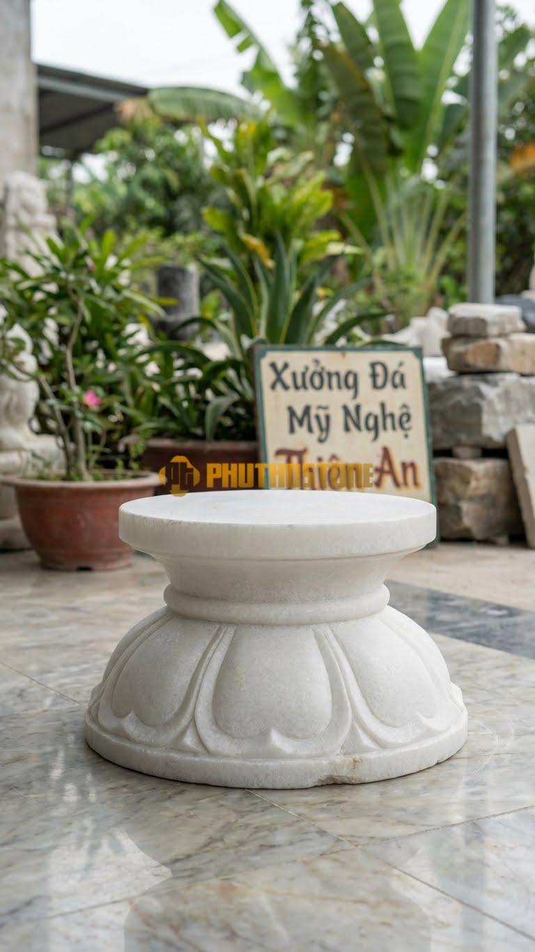 Chân Tảng Đá Trắng Muối Tảng Bệt Sòi Cổ Ngỗng D29: Phần Cổ Tảng Thắt Nhỏ Lại Làm Nổi Bật Phần Lá Sòi Phình Ra. (Gương 29Cm – Đế 45Cm – Cao 16Cm).