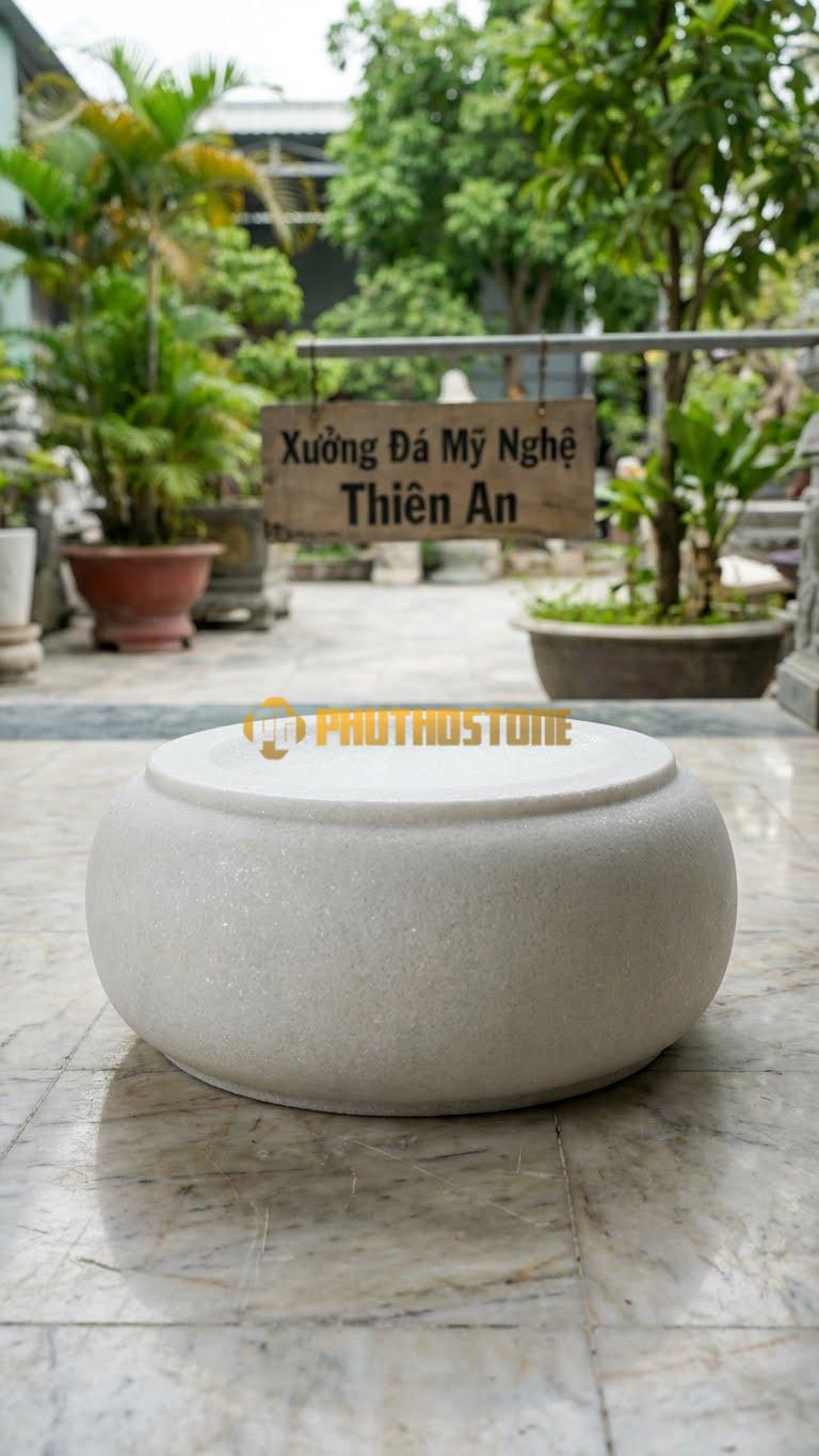Chân Tảng Đá Trắng Muối Tảng Bệt Trơn Bo Tròn D25: Toàn Bộ Bề Mặt Mài Nhẵn, Cạnh Bo Tròn Mềm Mại. (Gương 25Cm – Đế 40Cm – Cao 14Cm).