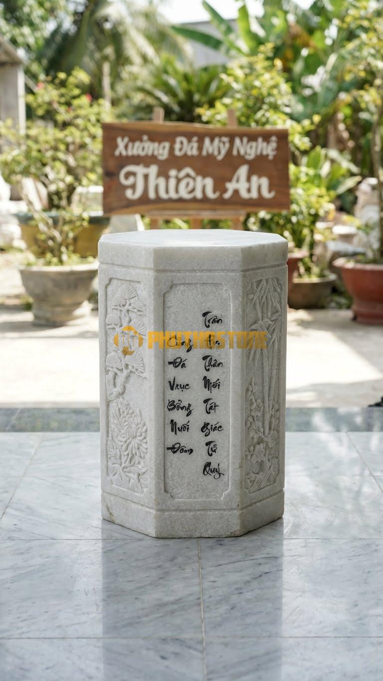 Chân Tảng Đá Trắng Muối Tảng Bồng Bát Giác Tứ Quý D32: 4 Mặt Chạm Cây, 4 Mặt Chạm Thơ/Chữ. (Gương 32Cm – Cao 50Cm).