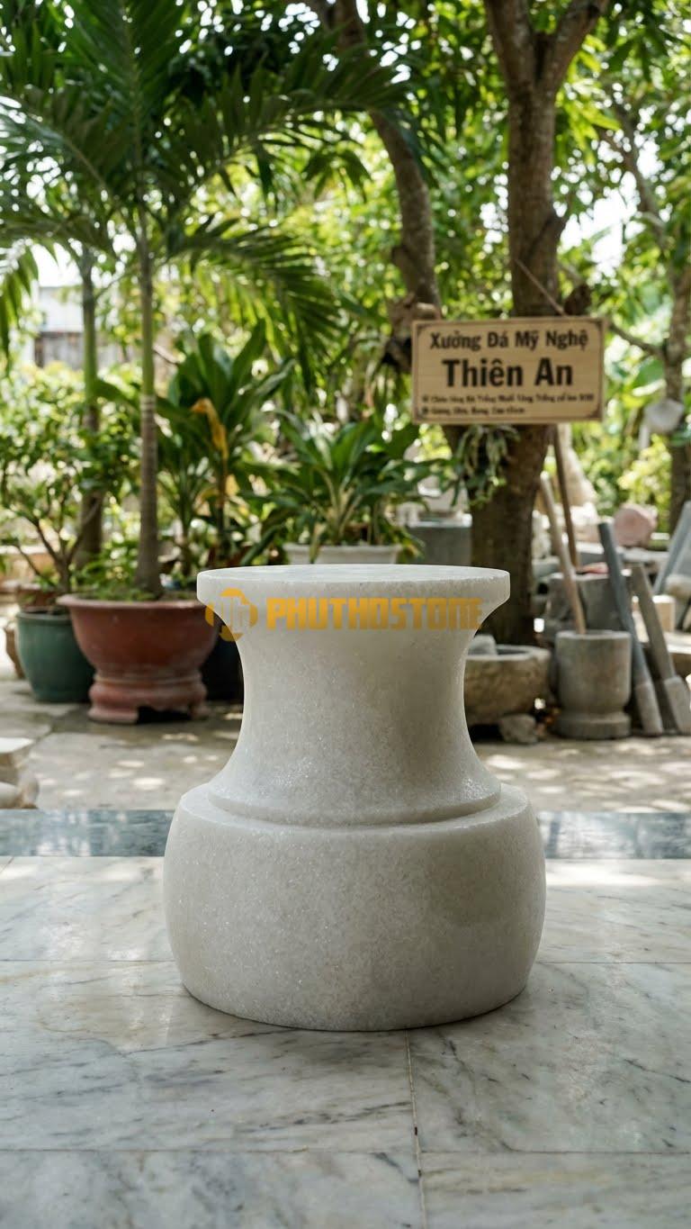 Chân Tảng Đá Trắng Muối Tảng Bồng Trống Cổ Loe D30: Cổ Tảng Thắt Nhỏ, Loe Rộng Về Hai Đầu. (Gương 30Cm – Bụng 40Cm – Cao 45Cm).
