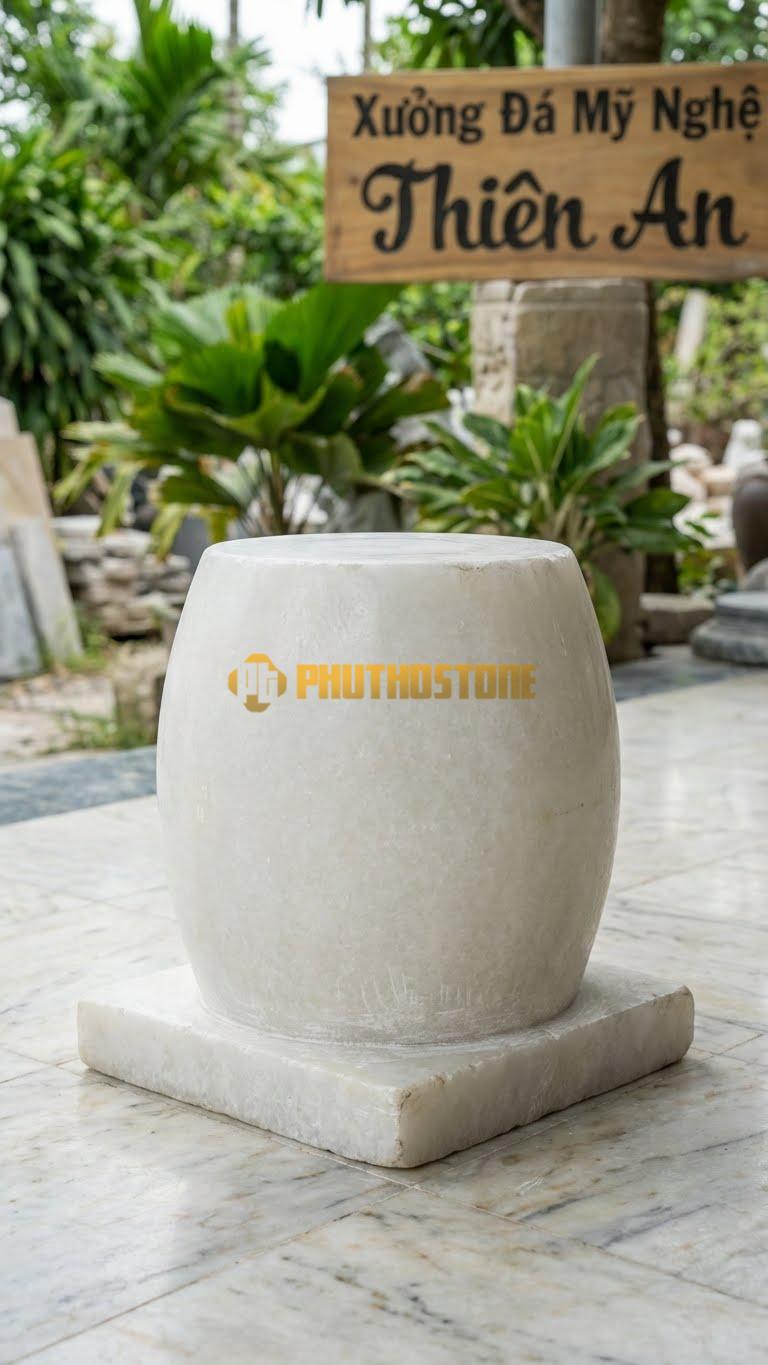 Chân Tảng Đá Trắng Muối Tảng Bồng Trống Đế Vuông D25: Thân Tròn Dáng Trống, Đế Dưới Cùng Hình Vuông. (Gương 25Cm – Đế Vuông 40Cm – Cao 40Cm).