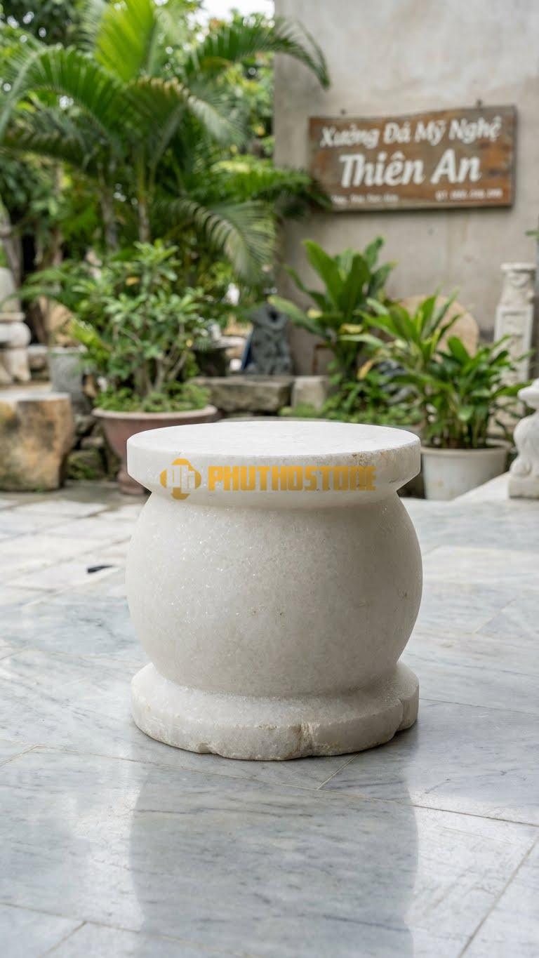 Chân Tảng Đá Trắng Muối Tảng Bồng Trống Lùn D26: Dáng Bè, Chiều Cao Vừa Phải. (Gương 26Cm – Bụng 36Cm – Cao 30Cm).