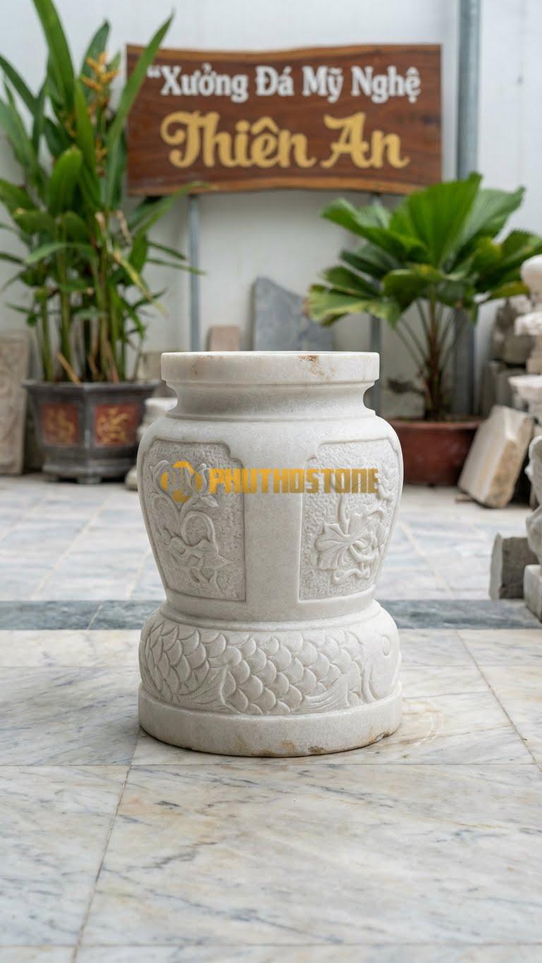 Chân Tảng Đá Trắng Muối Tảng Bồng Tứ Quý Dạ Cá D27: Chân Tảng Có Họa Tiết Dạ Cá, Thân Chạm Tứ Quý. (Gương 27Cm – Cao 40Cm).