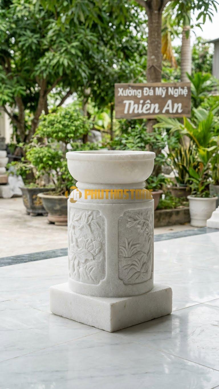 Chân Tảng Đá Trắng Muối Tảng Bồng Vuông – Tròn Tứ Quý D30: Đế Dưới Vuông, Thân Chạm Tứ Quý, Bát Đỡ Trên Tròn D30. (Cao 45Cm).