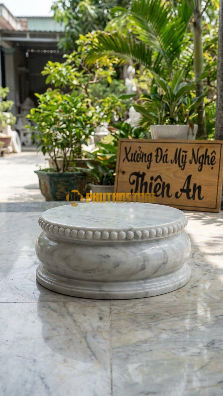 Chân Tảng Đá Trắng Yên Bái Tảng Bệt Cườm Kép D30: Hai Hàng Hạt Cườm Song Song Ôm Lấy Mặt Gương. (Gương 30Cm – Đế 45Cm – Cao 15Cm).